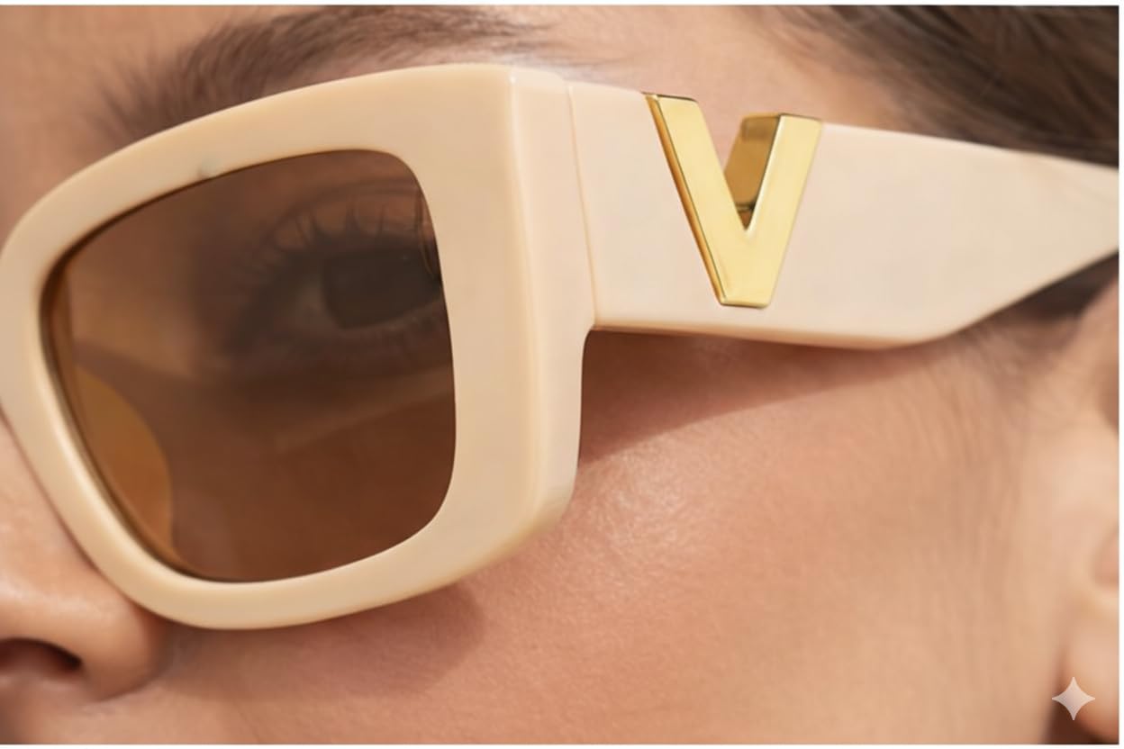 FAVELA Women Cat Eye Sunglasses | Stylish Cateye Square Frame with Gold V Detail | UV400 Protected Fashion Goggles for Girls & Women | Trendy Party, Casual & Daily Use. (Off-White)