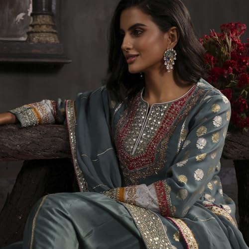 Biba Women's Viscose Kurta Set (SKDBNRSVO30775AW25ERBL_Earthy Blue