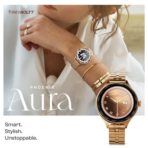 Fire-Boltt Phoenix Aura Women Smart Watch with 1.26” Diamond-Cut HD Display, Rotating Crown, Wireless Charging, Bluetooth Calling, Voice Assistant, 120+ Sports Modes - Regal Gold