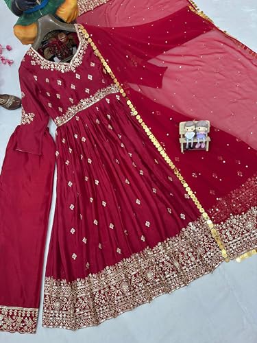 styledaura Women Chinon Silk Embroidered Anarkali Gown with Dupatta | Sequins & Zari Work | Fully Stitched Ethnic Wear | Long Flared Dress (Size-M, Maroon) (in, Alpha, XL, Regular)