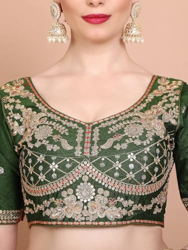 S SALWAR STUDIO Mehendi Green Silk Embroidered Readymade Alterable Saree Blouse