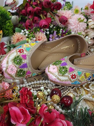 Fulkari Women Flowers Beige Gold Multi Formal Genuine Soft Leather Jutis | Bite and Pinch Free Juttis | Punjabi Jutti | Girl's Wedding Flat Ladies Mojari Ethnic Juti | 40