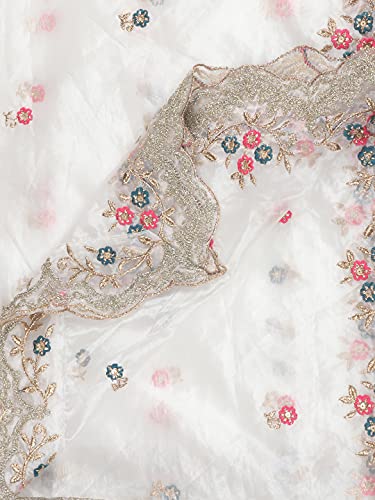 DUPATTA BAZAAR Women's White Embroidered Glass Tissue Dupatta with Cutwork