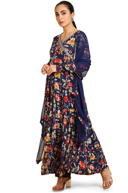 Soch Womens Blue Botanical Print Chinon Angrakha Suit Set with Dupatta