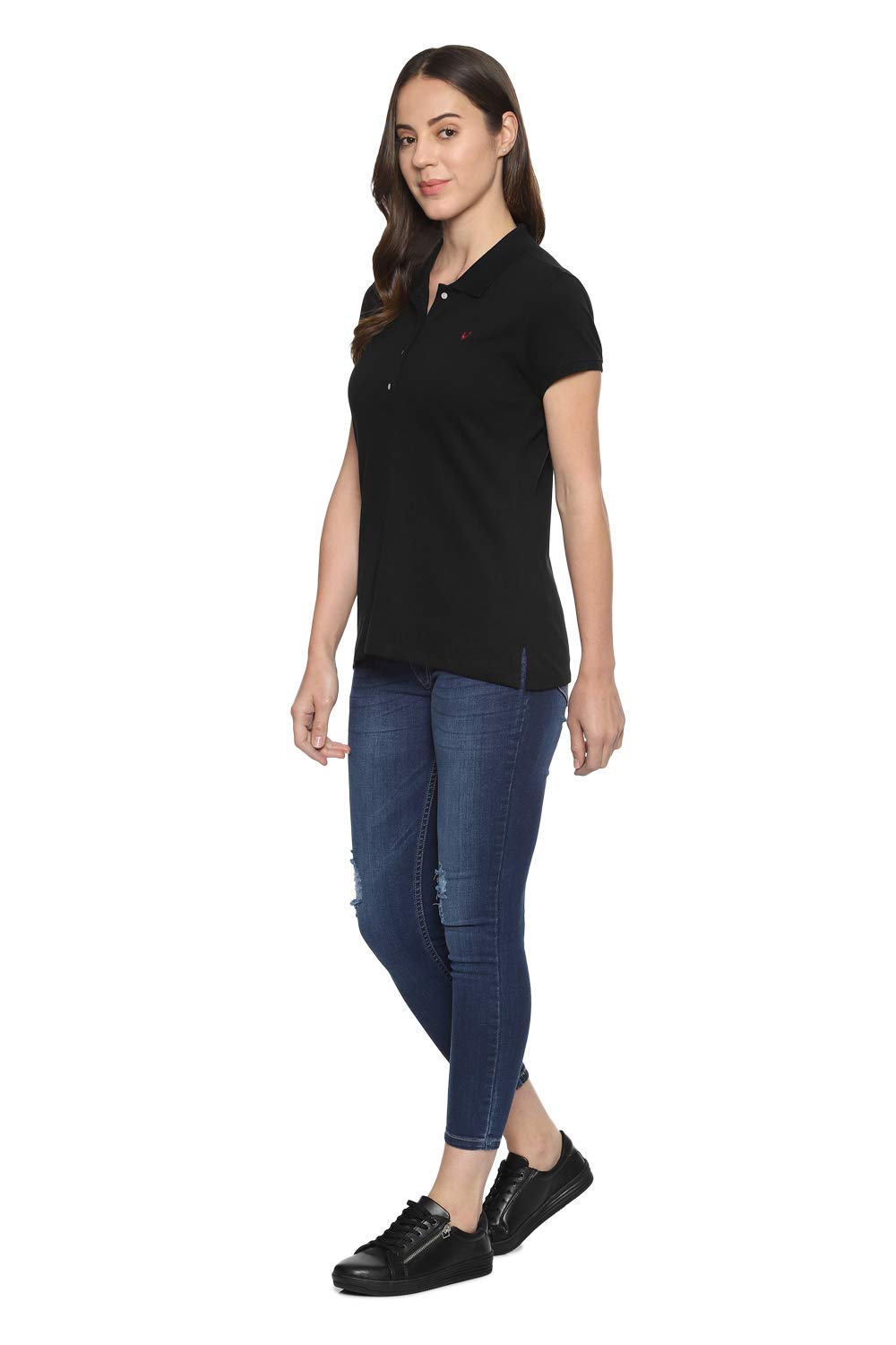 Allen Solly Women Black Solid regular fit T-Shirt(AHCTCRGFF25308_Black Solid_S)