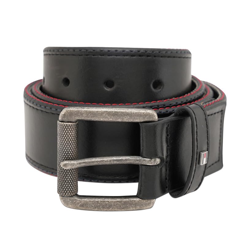 Tommy Hilfiger Men's Leather Belt Appleby - Black | Textured Black Finish | Rwb Detail | Leather Belt For Any Occasion | Size - L (100Cm)