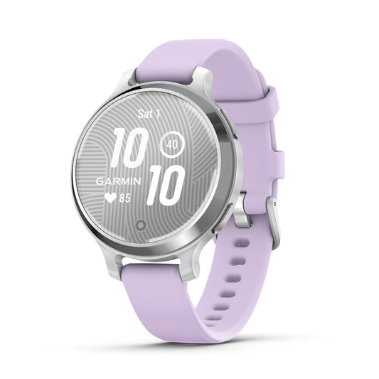 Garmin Lily® 2 Active, Small and Stylish Smartwatch, Built-in GPS, Hidden Display, Patterned Lens, Up to 9 Days Battery Life, Silver with Purple Jasmine Silicone Band