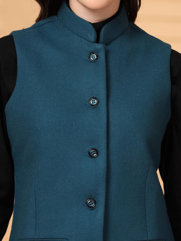 Vastraa Fusion Solid Indian Traditional Ethnic Waistcoat Festive Woolen Nehru Jacket for Women(TS1452D-42 Teal Blue)