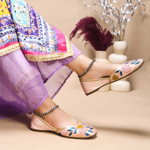 Froh Feet Ethnic Jutti for Women Traditional Handmade Fulkari Jutti Slip-On Shoes Bellies for Women Wedding party Festival Occasion - Peach