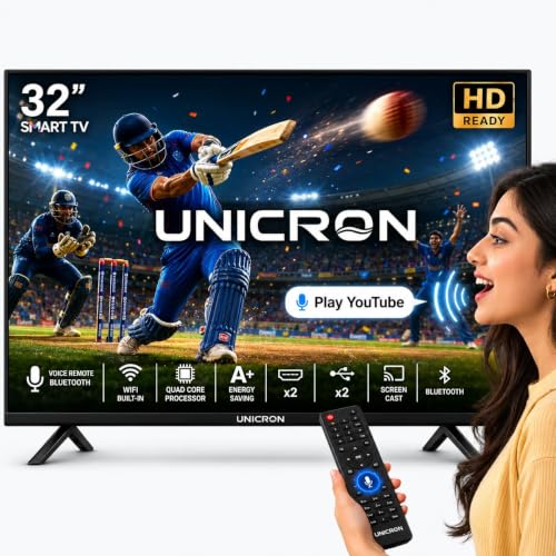 UNICRON 32 Inch Frameless Smart LED TV | Voice Control Android Smart TV | Bluetooth, WiFi, Screen Mirroring | HD Ready Display | HDMI, USB Connectivity | Smart Television for Home | Premium A+