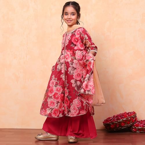 Biba Girls Wine Flared Poly Modal Printed Kurta suit set