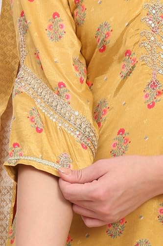 W for Woman Yellow Floral Print Zari Embroidered Straight Shantung Kurta with Sharara and Dupatta Set (WS11769-125062-L)