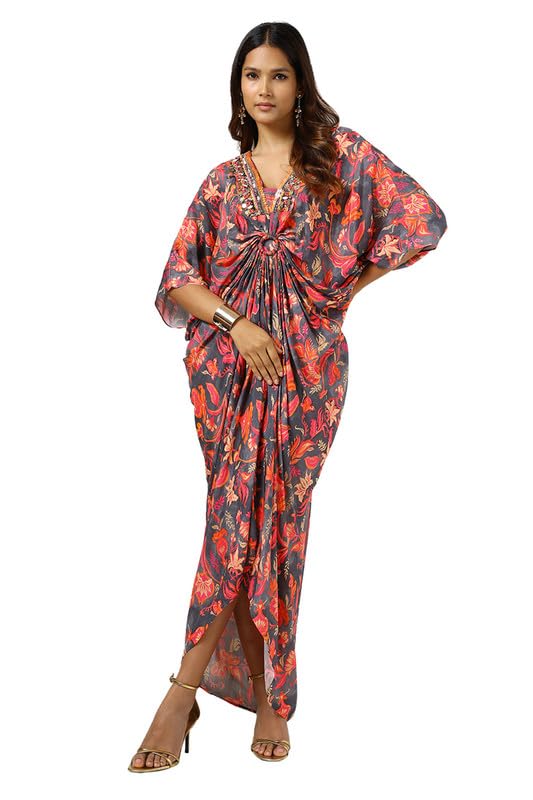 Soch Womens Grey Viscose Muslin Floral Print Kaftan with Beads and Stones