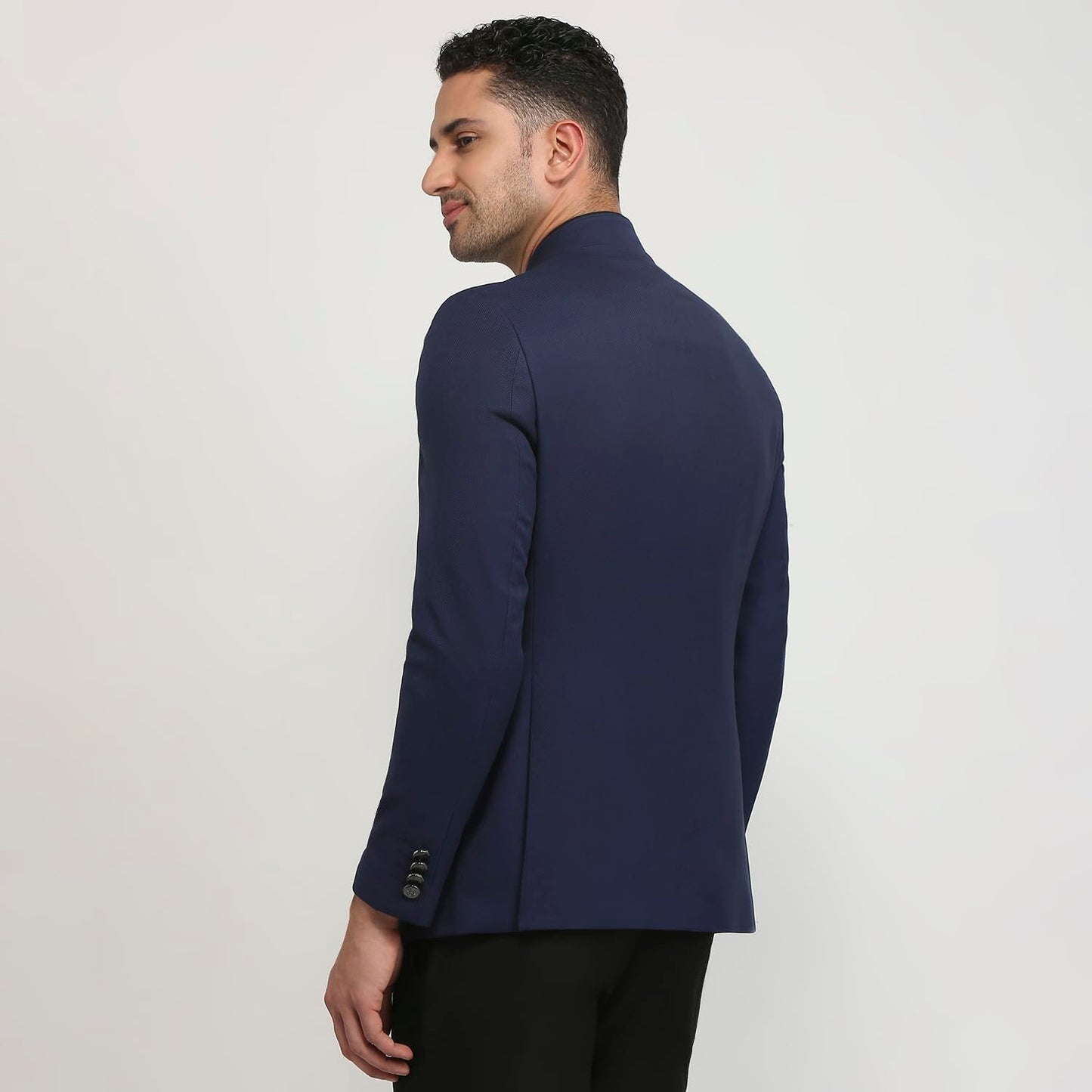 Raymond Men Regular Fit Solid Pattern Poly Rayon Blend Stand Collar Full Sleeve Ceremonial Jacket