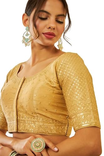 Soch Womens Gold Tussar Sequin Embellished and Embroidered Front-Open Blouse