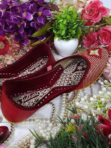 Fulkari Women Red 3D Stone Gold Casual Genuine Soft Leather Jutis | Bite and Pinch Free Juttis | Punjabi Jutti | Girl's Office Flat Ladies Mojari | dailywear Ethnic Juti | 38