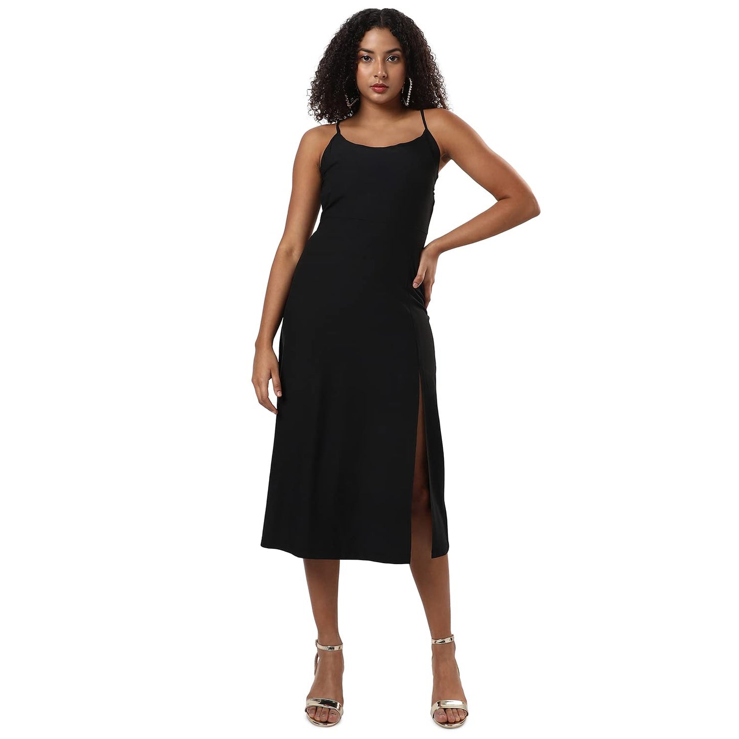 Campus Sutra Women's Solid Black Sleeveless Midi Length Regular Fit Dress for Casual Wear | Round Neck Dress Crafted with Comfort Fit and High Performance for Everyday Wear