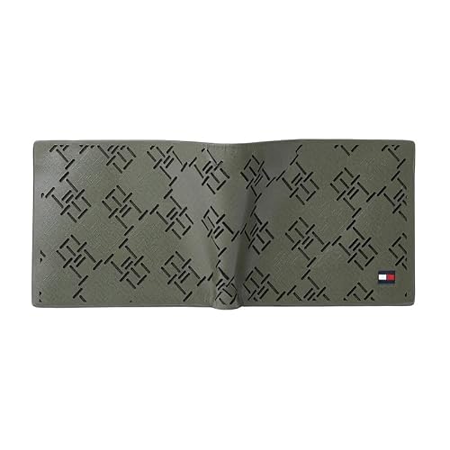 Tommy Hilfiger Men's Leather Wallet Strovolos | Laser-Detailed Olive Bi-Fold with Global Coin Pocket | Stylish Purse for Gents