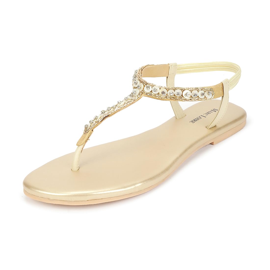 Marc Loire Embellished T-Strap Flat Fashion Sandals for Women (Gold, UK Footwear Size System, Adult, Women, Numeric, Medium, 3)