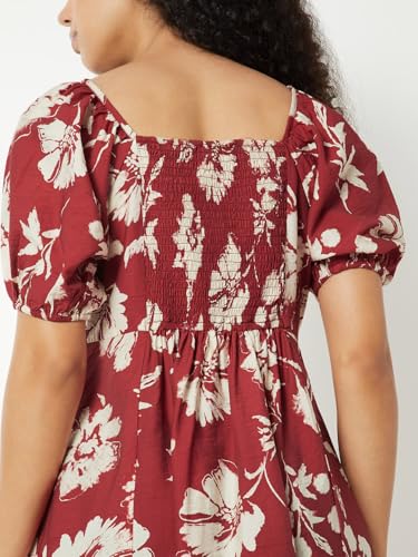 Max Women Floral Print A-line Midi Dress(Red_L)