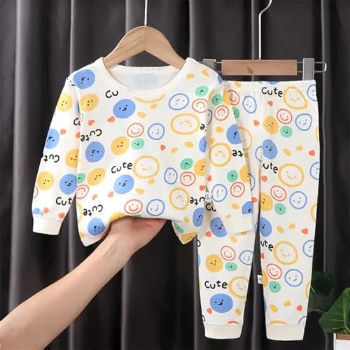 Bold N Elegant Full Sleeve Cotton Fun Cute Cartoon Print Colorful Tshirt & Pajama PJ Sleepwear Casual Clothing Set for Infant Toddler Baby Boy Girl Kids (1-2 Years, Off-White)