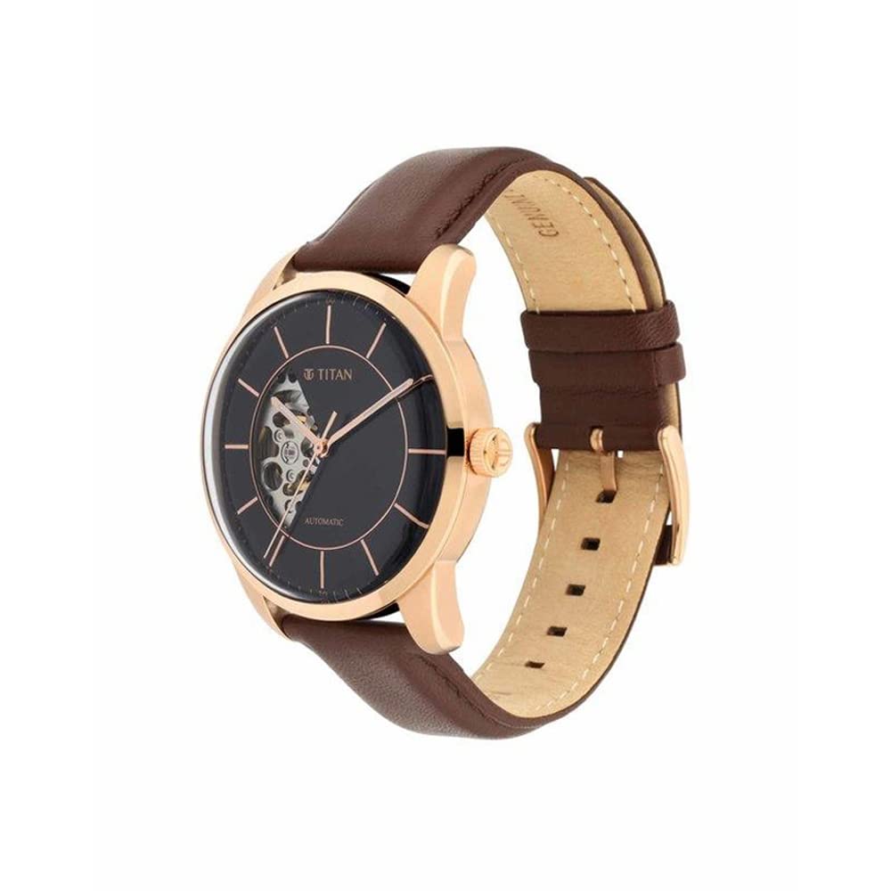Titan Automatics Black Dial Automatic Leather Strap Watch for Men-NS90126WL02