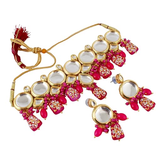 Lucky Jewellery 18K Gold-Plated Back Meenakari Kundan Choker Necklace with Earrings | Elegant Magenta Color Necklace Jewelry Set for Women & Girls (1565-J5SK-1630-R)