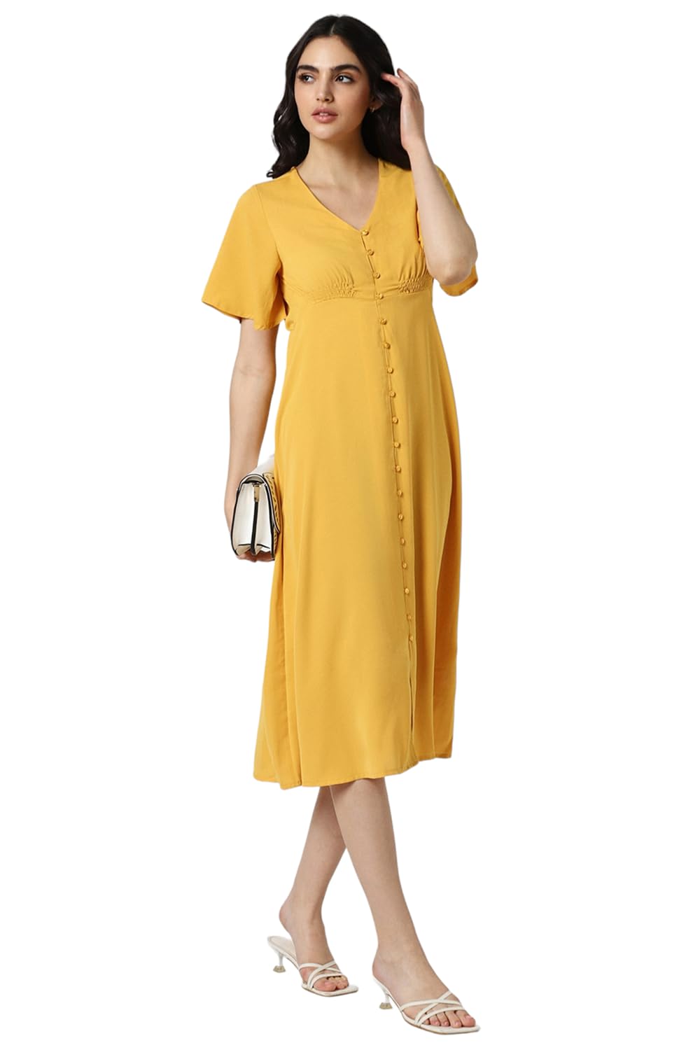 Van Heusen Women's Polyester Asymmetrical Calf Length Dress (VWDRFRGFG21143_Yellow
