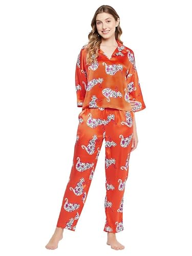 Clovia Women's Satin Animal Print Satin Shirt & Pyjama Set (LS0649P16_Olive_M)