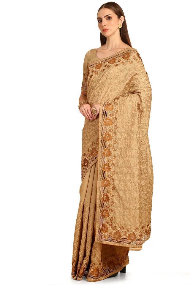 Soch Womens Beige Embroidered Tussar Saree With Cut Work