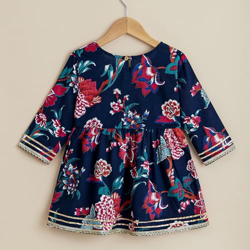 Hoscotch Girls Floral Navy 3/4th Sleeves 2 Piece Tulip Trail Cotton Kurti & Sharara For Ages (5-6 Years)