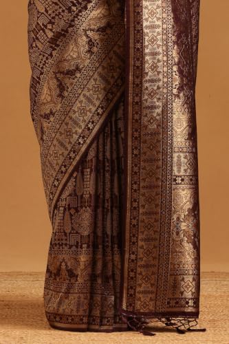 Soch Womens Wine Tussar Zari Woven Saree