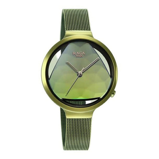Titan Raga Moments of Joy Quartz Analog Green Dial Metallic Green Stainless Steel Strap Watch for Women - NT95134QM01