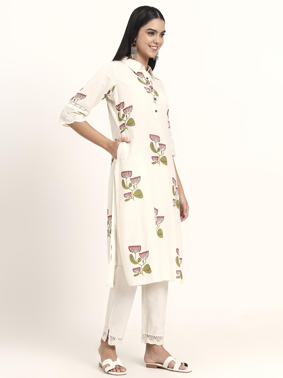 Divena Off White Floral Cotton A-Line Kurta (DBK1454)