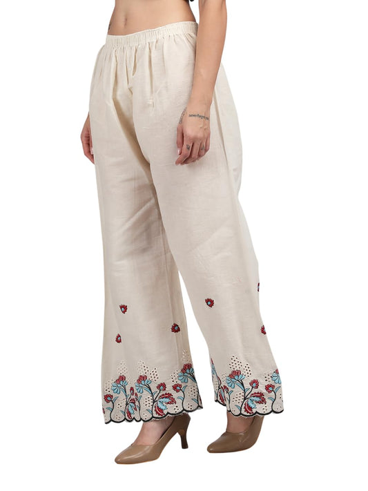 Georgio Martini - Ethnic Flower Design Hand Work Embroidery Wide Leg Linen Adjustable Chicken Smart Plazzo Pants with Drawstring