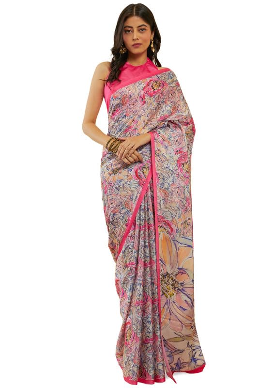 Soch Womens Pink Floral Print Crepe Saree