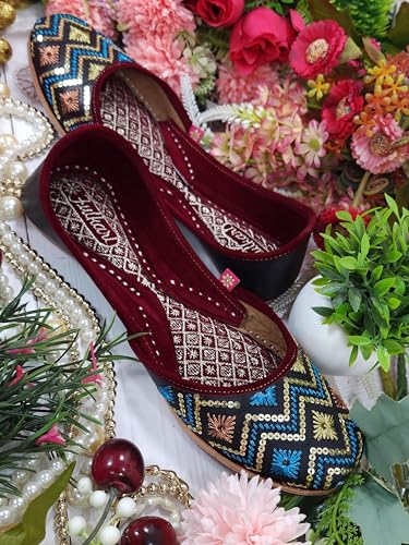 Fulkari Women Black Sisa Gold Multi Casual Genuine Soft Leather Jutis | Bite and Pinch Free Juttis | Punjabi Jutti | Girl's Office Flat Ladies Mojari | dailywear Ethnic Juti | 41