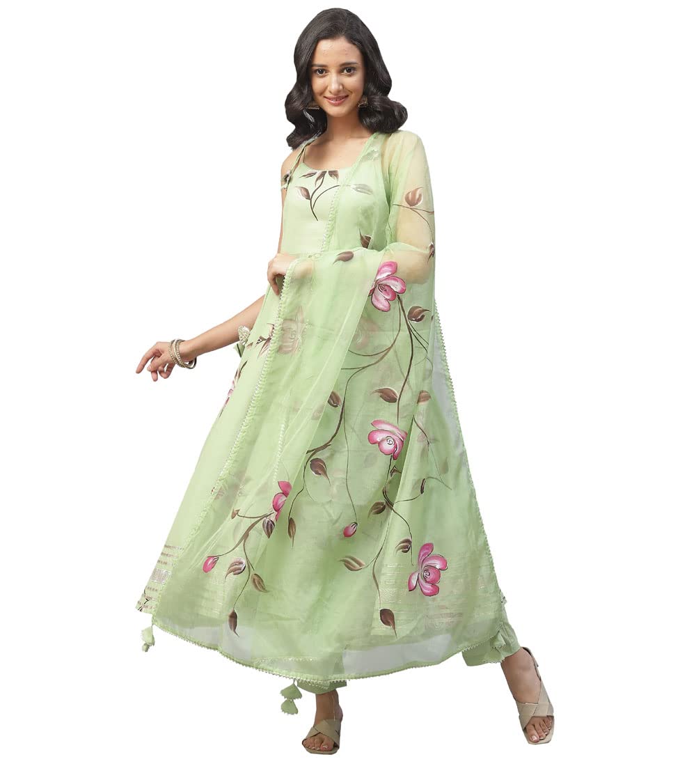 Divena Women's Cotton Anarkali Kurta Pant Set With Dupatta (DK0748-5XL_Green_5XL)