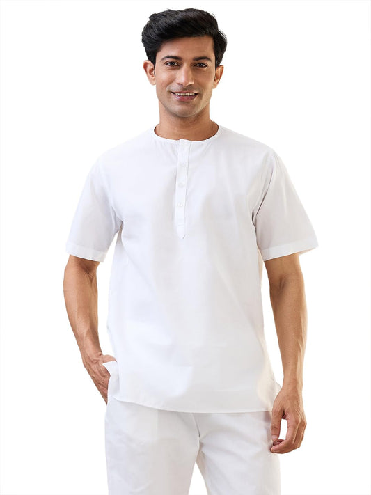 Raymond SleepZ Men Comfort Fit Solid Pattern Cotton Polyester Blend Round Neck Kurta White