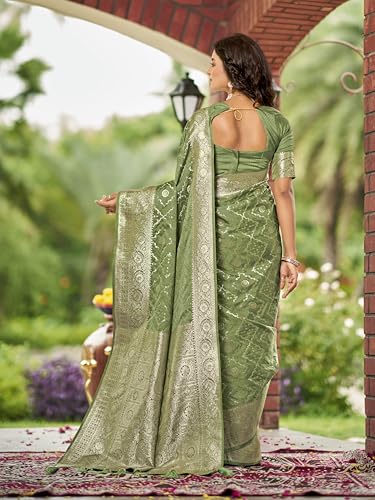 MANOHARI Women's Most Trendy Banarasi Satin Silk Woven Olive Green Saree With Heavy Jacquard Work Saree With Blouse Piece_MN2031