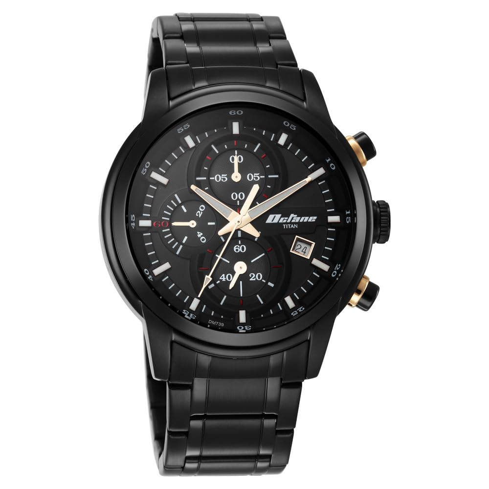 Titan Octane Quartz Chronograph with Date Black Dial Black Stainless Steel Strap Watch for Men - NT90086KM05