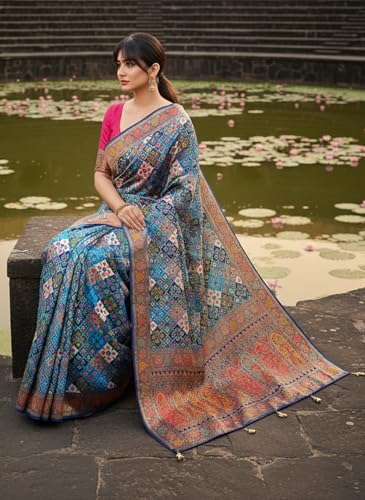 Glory Sarees Women’s Luxurious Dola Pure Silk Original Saree Position Print Work Bandhani Patola Inspired Motifs Banarasi Kanjivaram Style Saree With Blouse Piece(Elegant108_Blue)