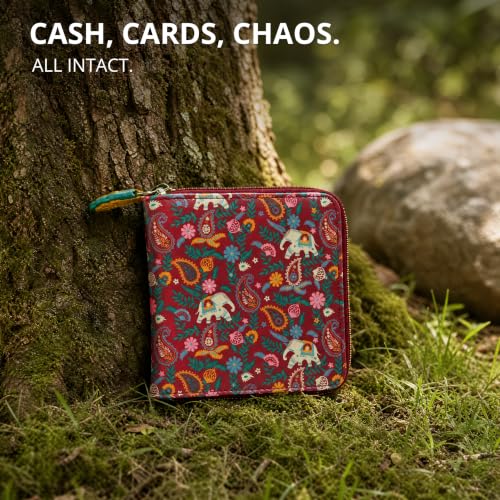 Chumbak Women’s Wallet – Paisley Blossoms Collection, Vegan Leather Square Wallet with Coin Pouch, Zipper Closure & Card Slots – Maroon Stylish Purse