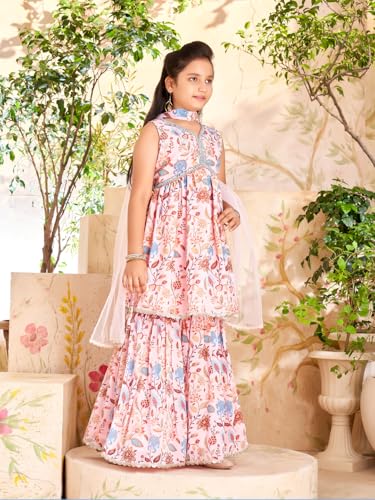 Aarika Girls Ethnic Wear Pink Colour Floral Print Beads Mirror Embroidery Silk Kurti Sharara Set (7-15 Years)