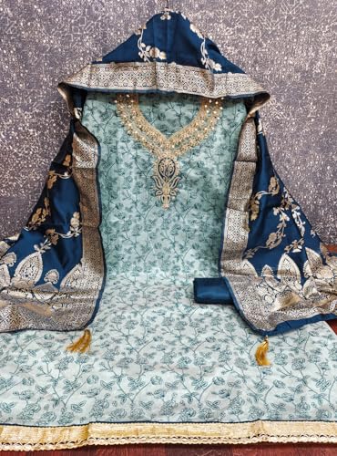 Leeli Peeri Designer Women's Chanderi Print With Embroidery Work Unstitched Salwar Suit Dress Material