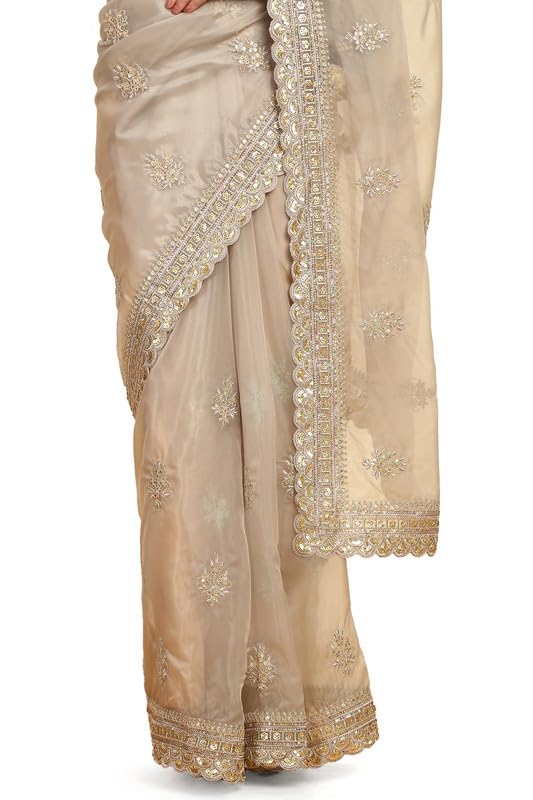 Soch Womens Grey Sequinned Embellished Organza Saree With Zardosi