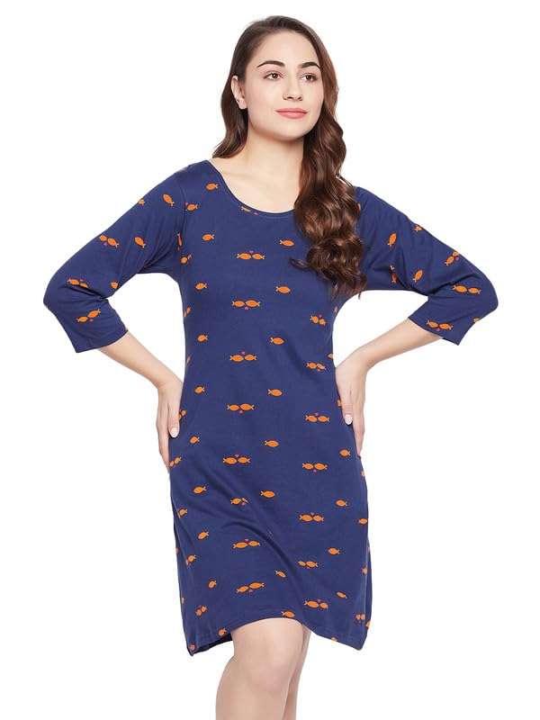 Clovia Women's Cotton Printed Short Night Dress with Pocket (NS6489D08_Navy Blue_M)