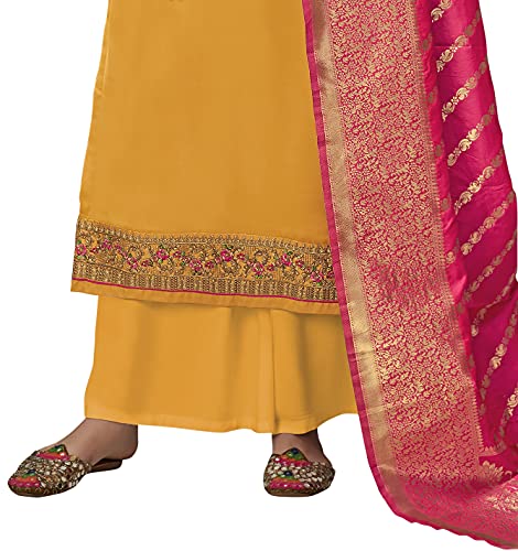 VUBA Women's Satin Embroidered Suit Semi Stitched Top with Unstitched Bottom and Pure Banarasi Dupatta Dress Material(Pakistani Salwar Suit),Yellow, Knee-Length, Casual Dress