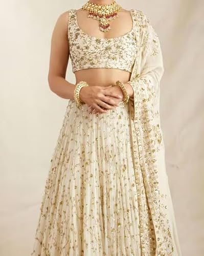 JIHU CULTURE White Georgette Embroidery Work Dupatta For Women (White)