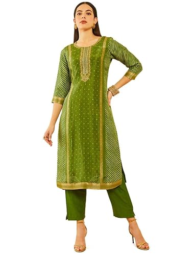 Soch Womens Green Brocade Bandhani Printed Suit Set with Mirror Work